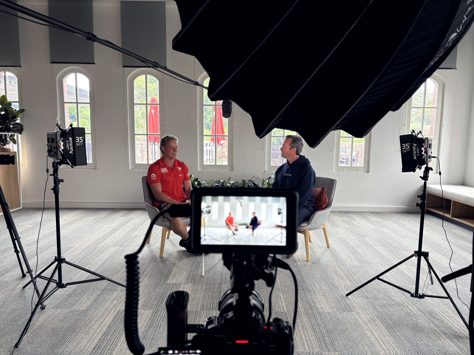 The full interview set from behind the camera, lights rigged either side.